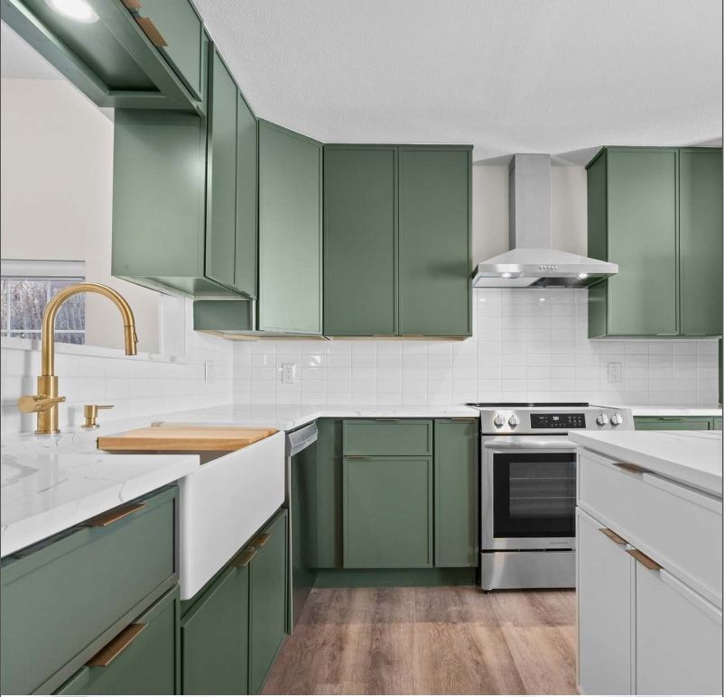 Slim Saige Green painted slim shaker kitchen cabinets